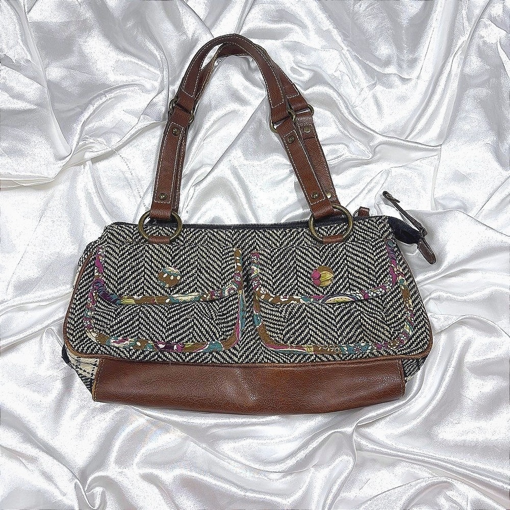 y2k Boho Shoulder Bag Brown Herringbone Tweed Floral Paisley Trim